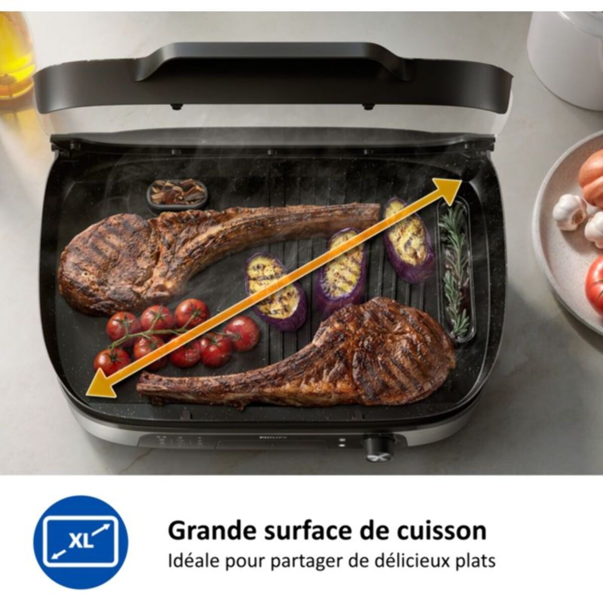 Plancha électrique PHILIPS HD6212/90  couvercle verre à poser, 50x25 cm