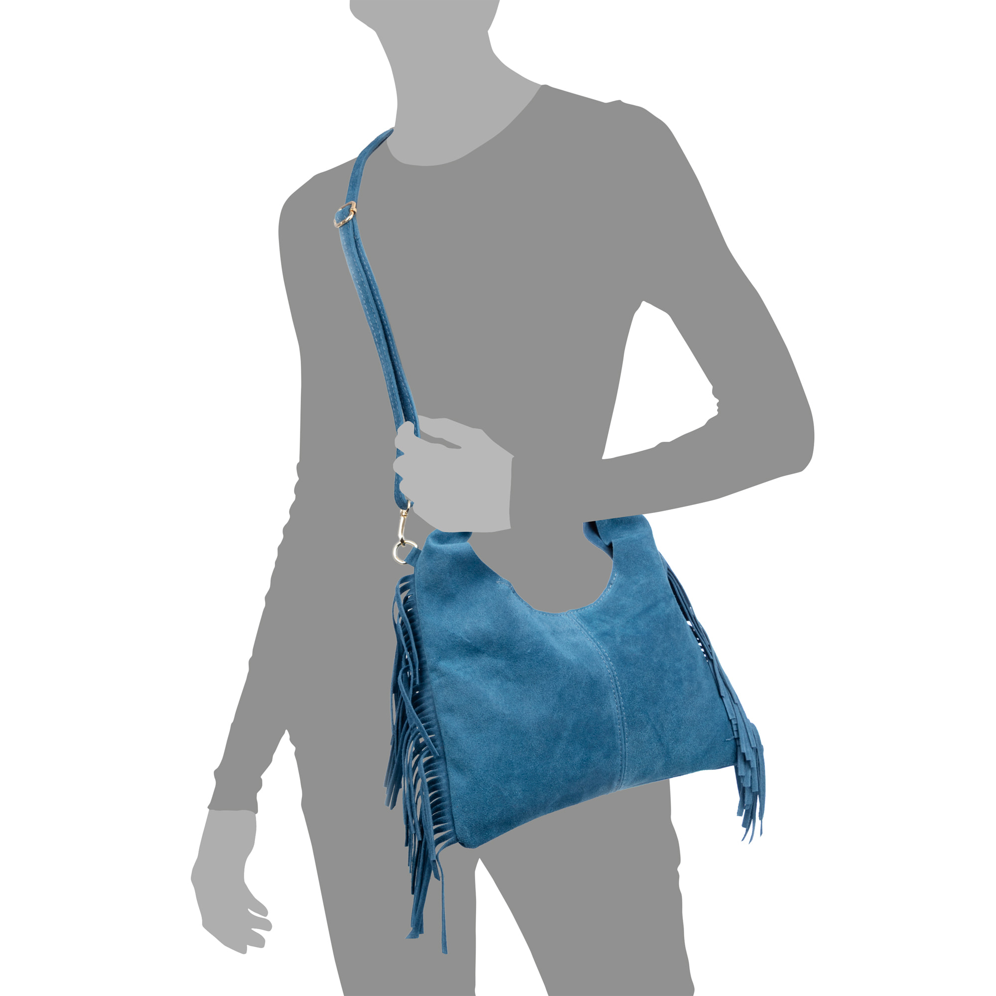 Barisciano borsa a spalla da donna. Pelle scamosciata autentica, con frange.