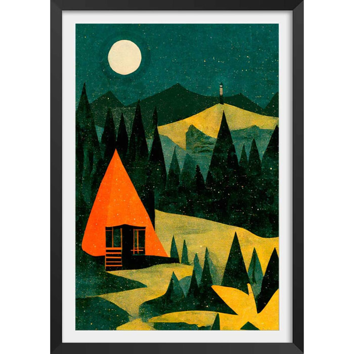 Affiche enfant cabane dans la forêt  Affiche + cadre en bois - Noir