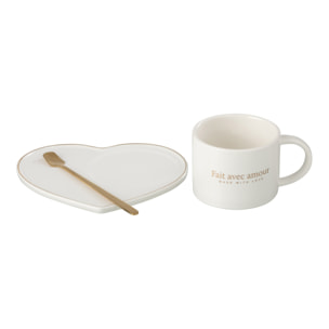 J-Line tasse + soucoupe + cuillère Coeur Français - porcelaine - blanc - 6 pièces
