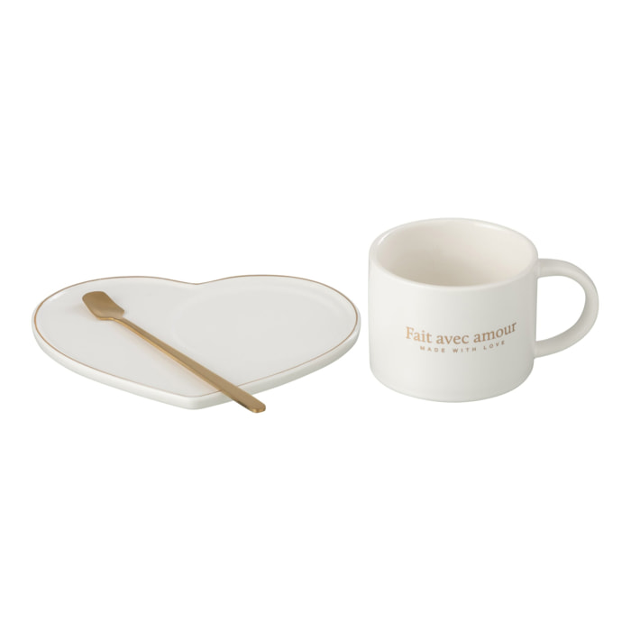 J-Line tasse + soucoupe + cuillère Coeur Français - porcelaine - blanc - 6 pièces