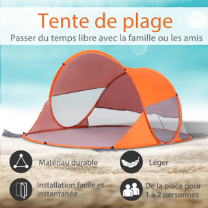 Abri de plage tente de plage pliable pop-up automatique instantané protection UV fenêtre arrière grand tapis de sol orange