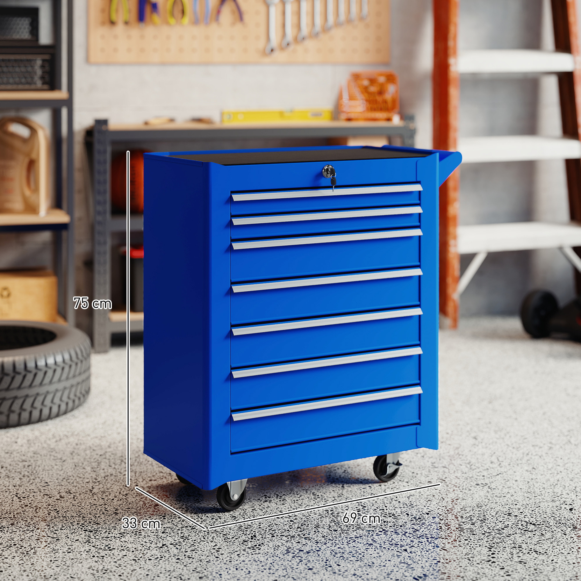 Carro de Herramientas con 7 Cajones, Carro de Taller con Cerradura, Asa, 2 Ruedas con Freno de Bloqueo, para Garaje, Hogar, Azul
