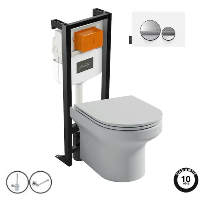 Pack WC suspendu sans bride  Elite + bâti-support + plaque Chrome brillant/Blanc mat + accessoires