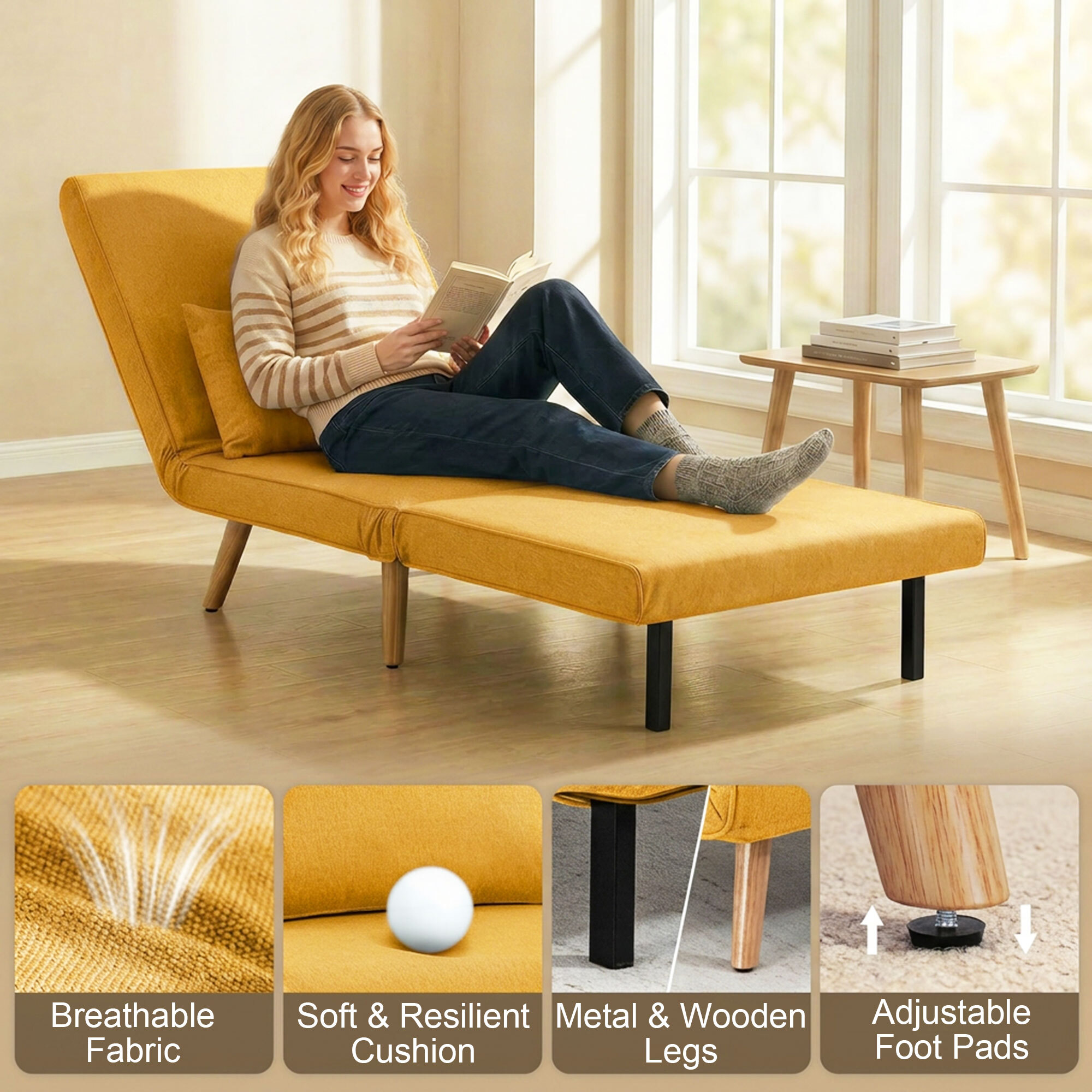 Sofá Cama Individual 3 en 1, Sillón Cama Plegable con Respaldo Ajustable en 5 Posiciones, Asiento Amplio, Almohada Acolchada, Patas de Madera, 72x75x85 cm, Amarillo