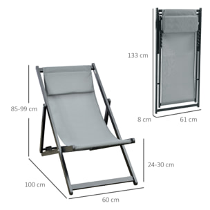 Lot de chiliennes fauteuils de jardin inclinables avec tétière alu noir textilène gris