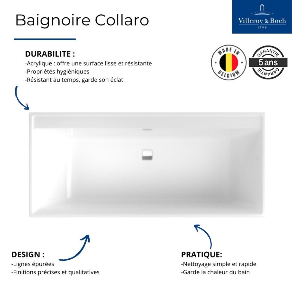 Baignoire droite 180 X 80 Collaro acrylique stone white trop plein chrome