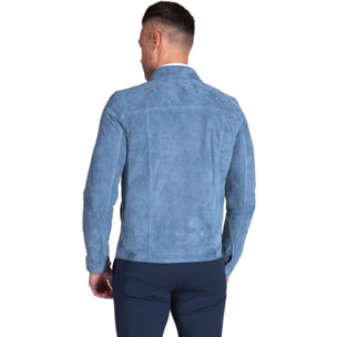 Giacca pelle camoscio blu denim bottoni e collo camicia