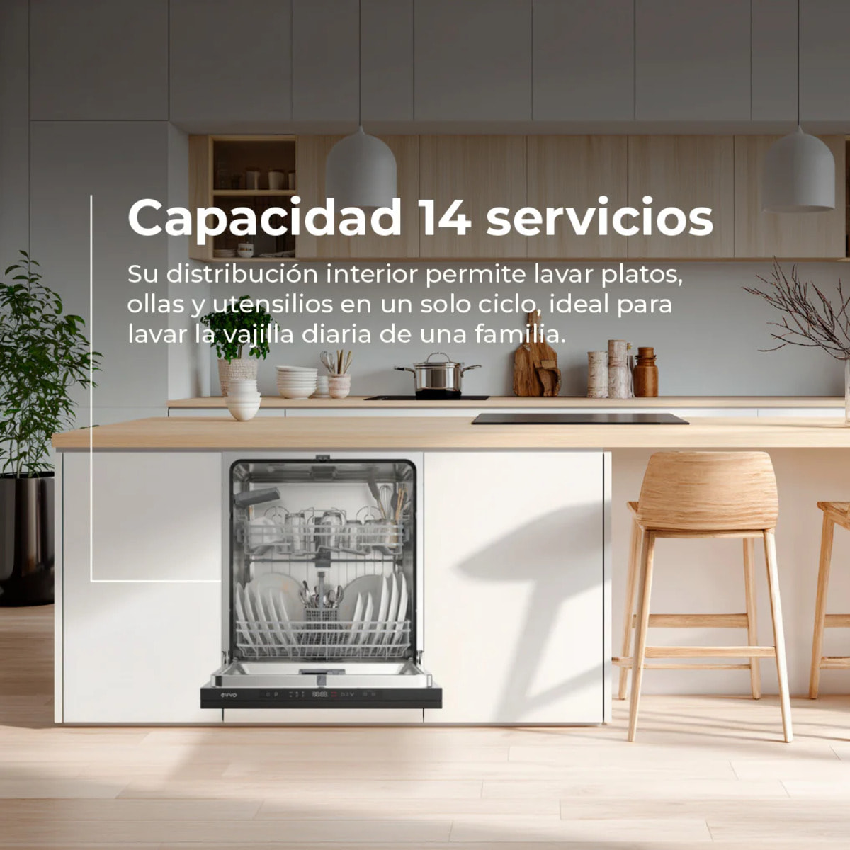 Lavavajillas Integrable EVVO Di.2Y 60cm 14 Cubiertos, 6 Programas + Display, Panel Táctil, Auto Open