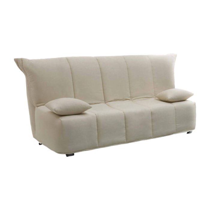 Divano letto 2 posti Ariska, Sofà Soggiorno con apertura a carrello in tessuto imbottito, Cuscini inclusi, 100% Made in Italy, Cm 125x90h85, Beige