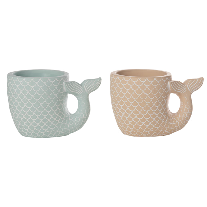 J-Line Cache-pot Poisson - céramique - bleu clair/beige - large - 2 pièces