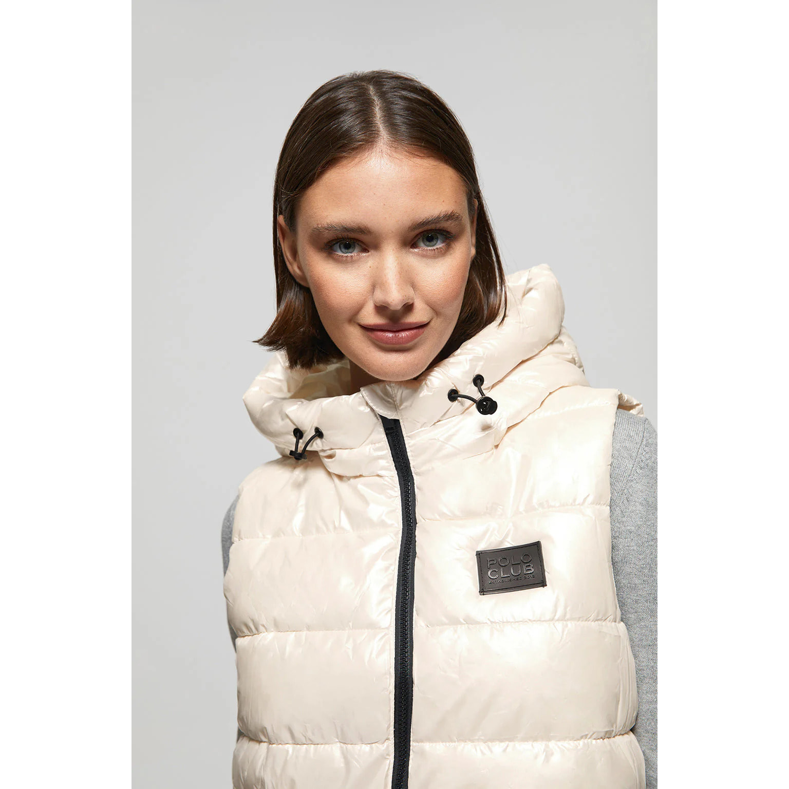 Gilet beige metallizzato con cappuccio e logo Polo Club