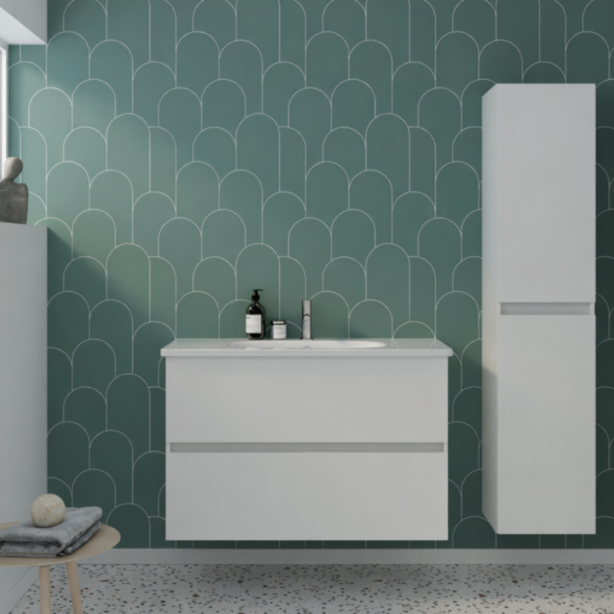 Pack meuble de salle de bain simple vasque Joline 100 cm blanc + colonne