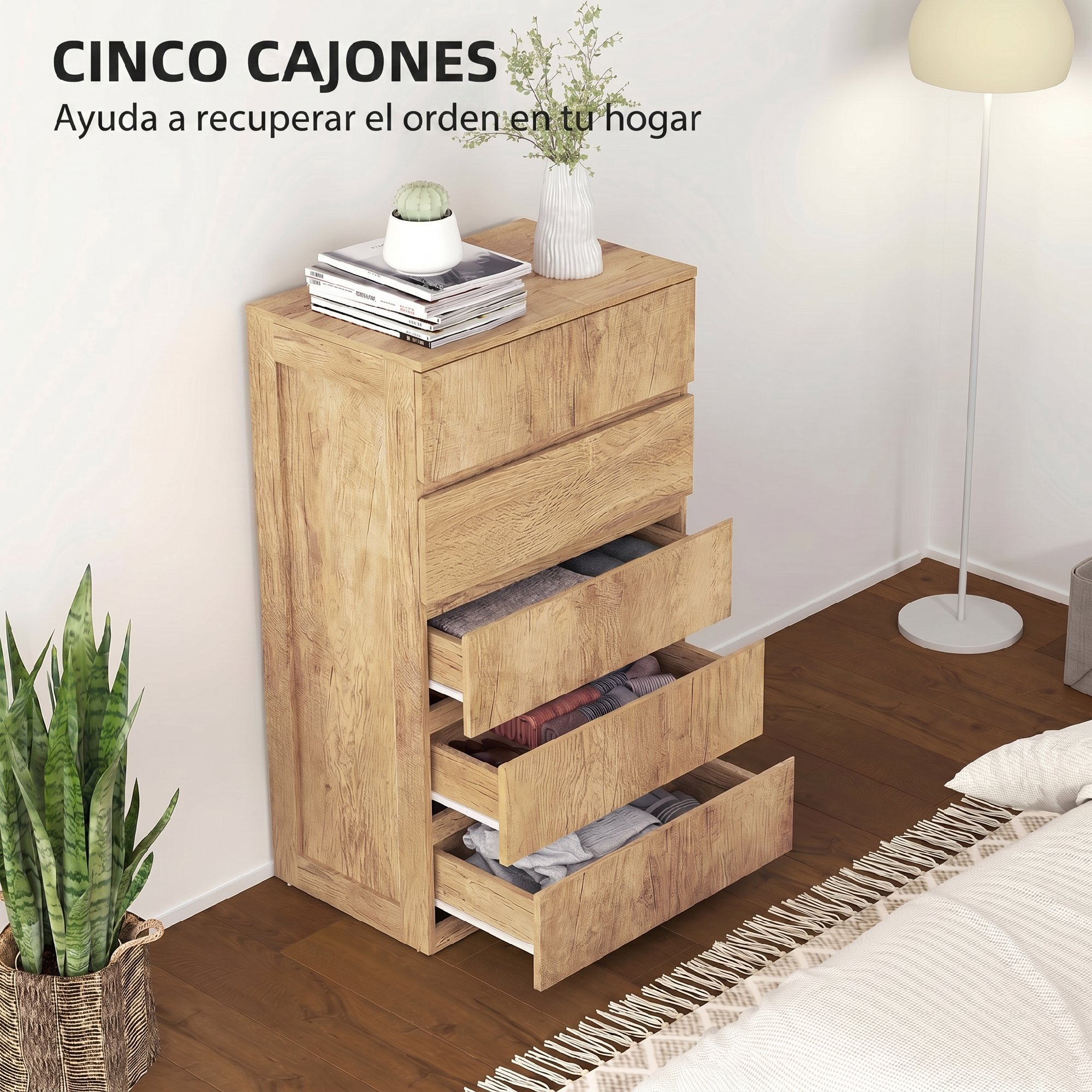 Cómoda 5 Cajones, Cómoda Dormitorio Moderna, Sinfonier, Diseño sin Tiradores, Cajonera para Sala de Estar, Comedor, Entrada, 60x39x100 cm, Madera Natural