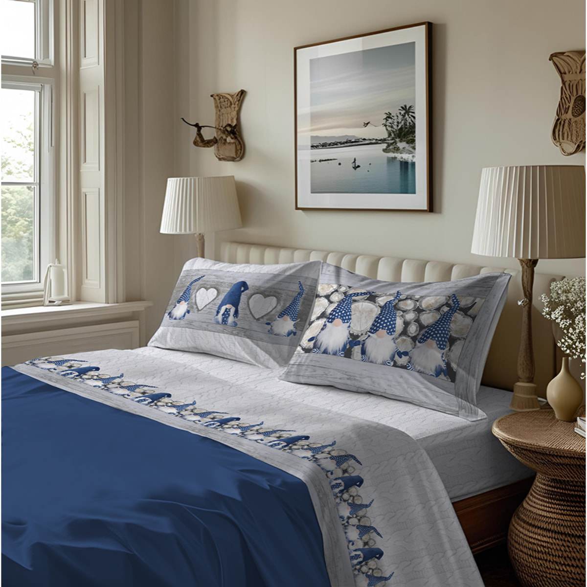 Completo letto in flanella gnomi blu