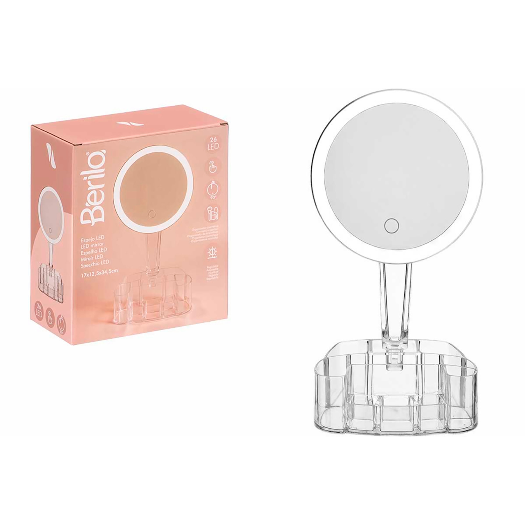 Espejo con 26 luces LED y base con organizador de cosmética
