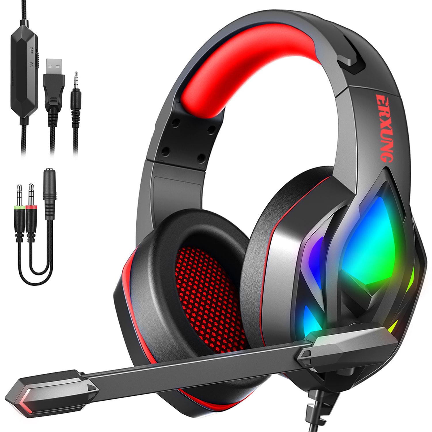 Cuffie premium ultra flessibili H1003. 10 luci RGB COMPLETE. Cuffie da gioco con connessione micro, minijack per PC, laptop, PS4, Xbox One, cellulare, tablet.