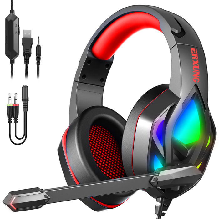 Cuffie premium ultra flessibili H1003. 10 luci RGB COMPLETE. Cuffie da gioco con connessione micro, minijack per PC, laptop, PS4, Xbox One, cellulare, tablet.