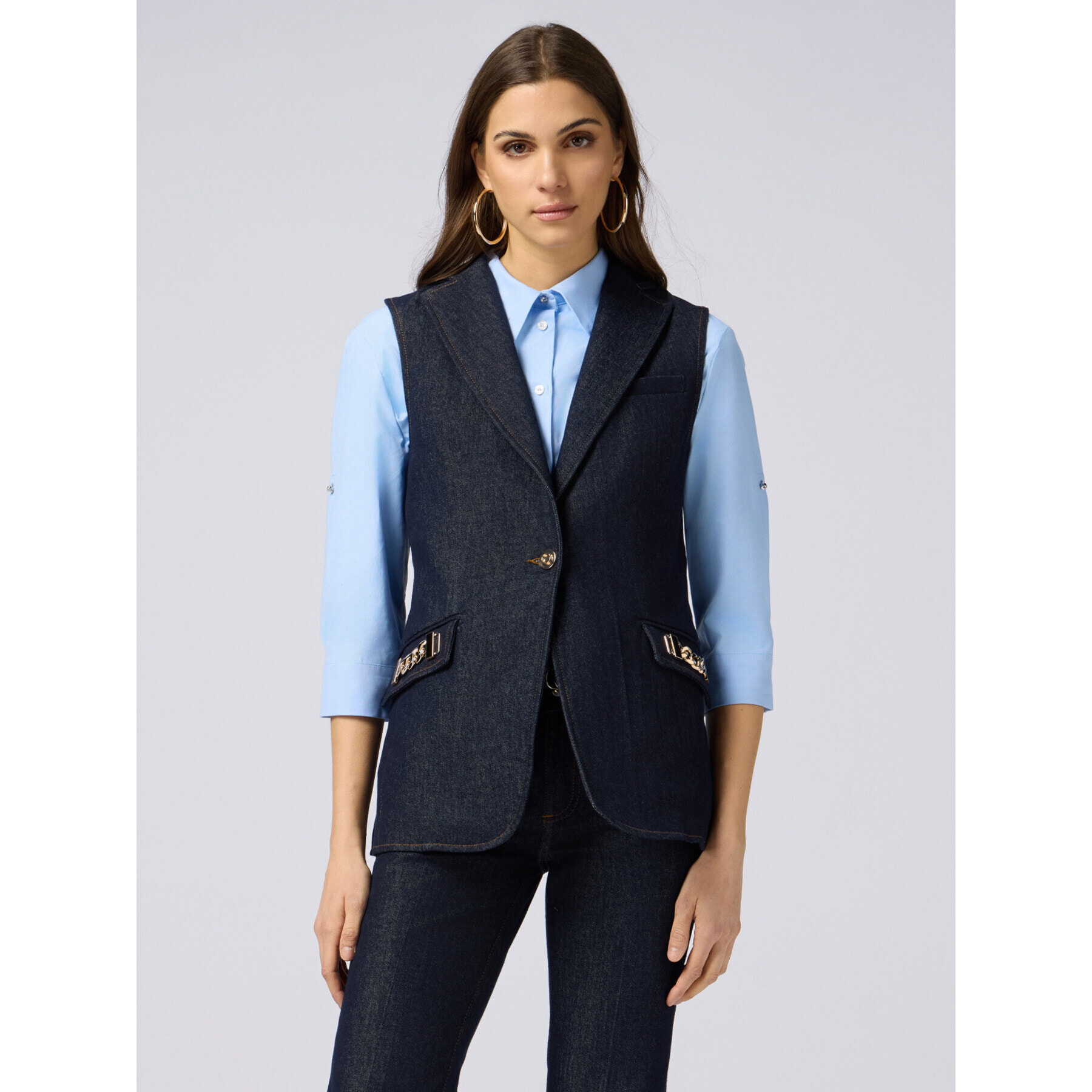 Oltre - Gilet denim con catene metalliche - Blu