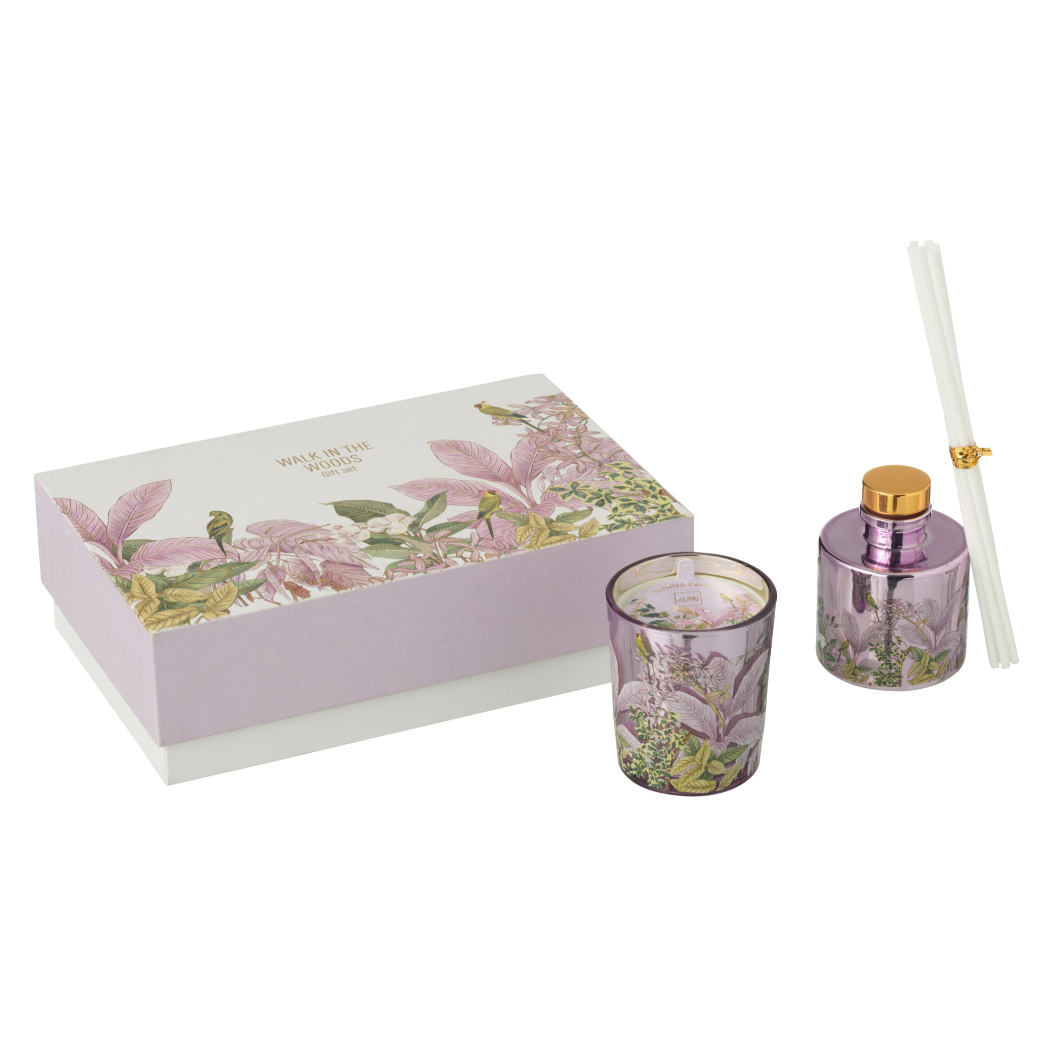 J-Line bougie parfumée + bâtonnets parfumés Walk In The Woods - rose - set cadeau