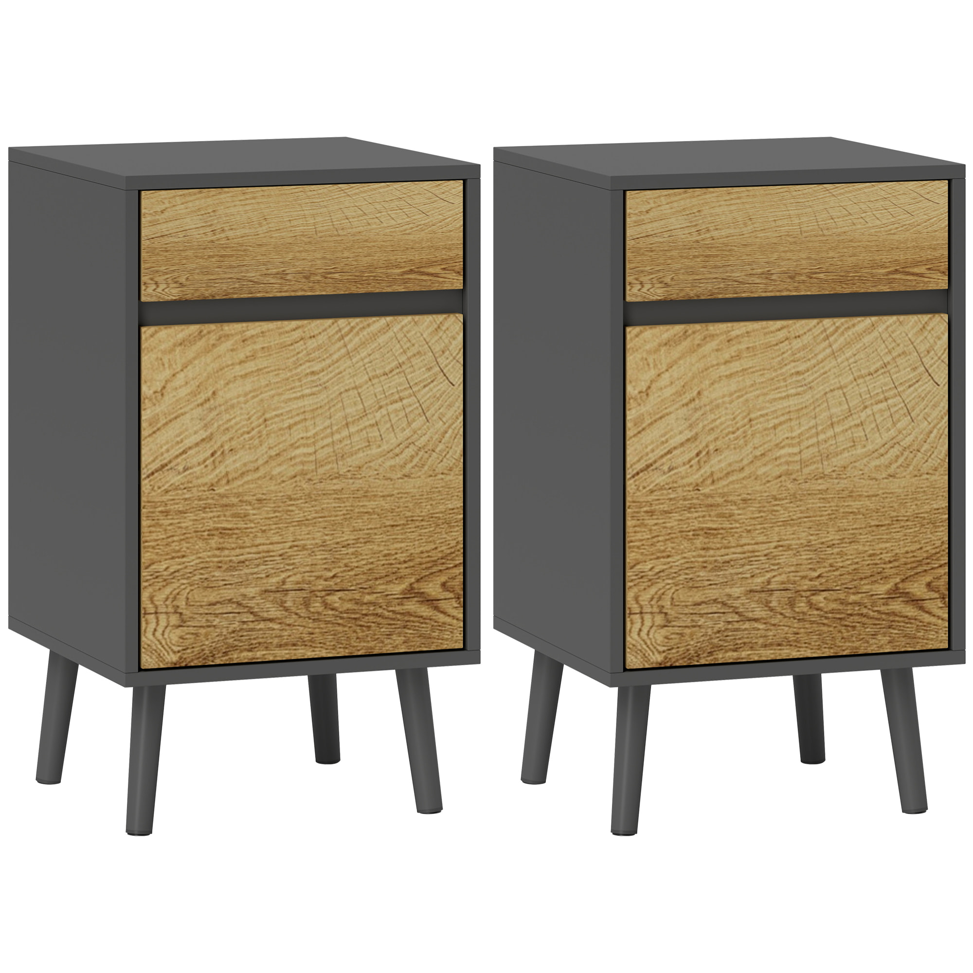 Lot de 2 chevets tables de nuit dim. 40 x 39 x 69 cm - tiroir, porte, étagère - piètement bois effet bois gris
