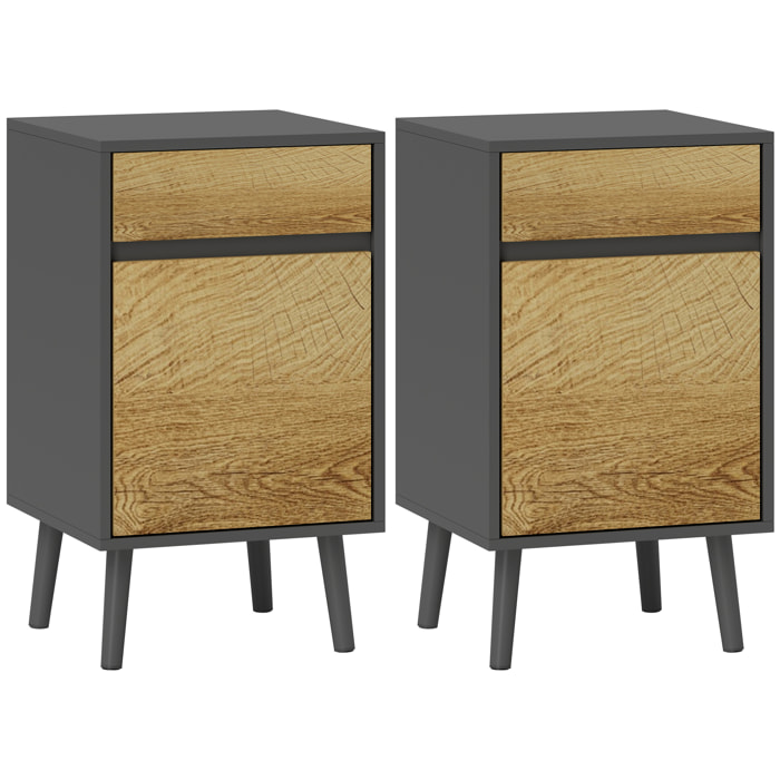 Lot de 2 chevets tables de nuit dim. 40 x 39 x 69 cm - tiroir, porte, étagère - piètement bois effet bois gris