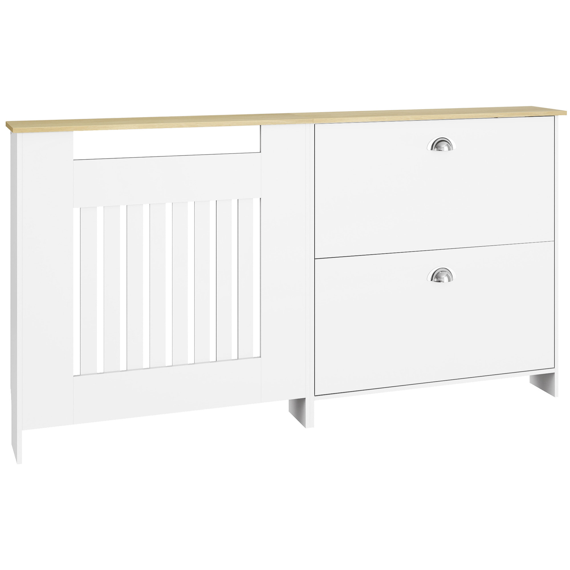 Cubre Radiadores con Zapatero, Cubreradiador de MDF, 152x19x81 cm, Cubierta para Radiador con 2 Cajones Abatibles, Diseño Moderno de Listones, para Salón, Dormitorio, Blanco