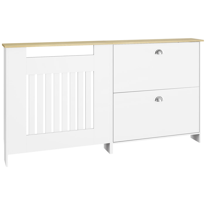 Cubre Radiadores con Zapatero, Cubreradiador de MDF, 152x19x81 cm, Cubierta para Radiador con 2 Cajones Abatibles, Diseño Moderno de Listones, para Salón, Dormitorio, Blanco