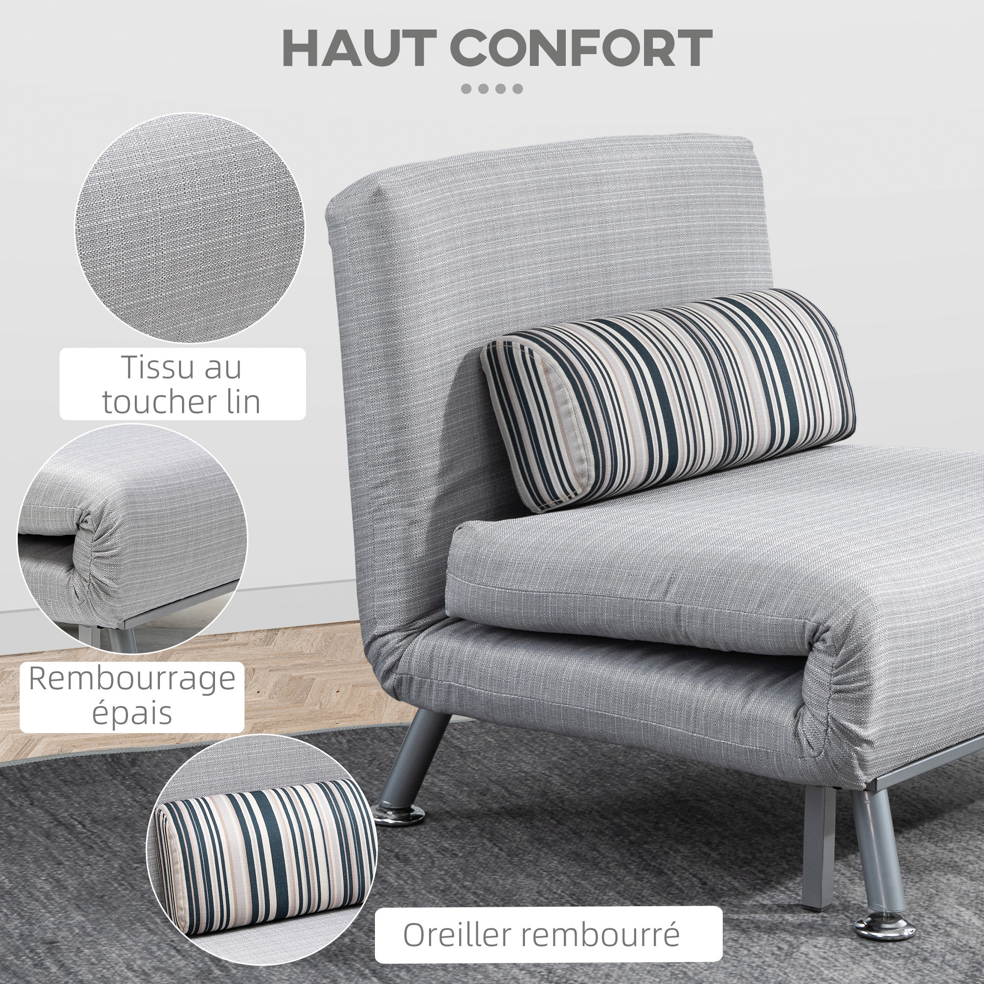 Fauteuil convertible 3 en 1 chauffeuse lit 1 place avec coussin gris