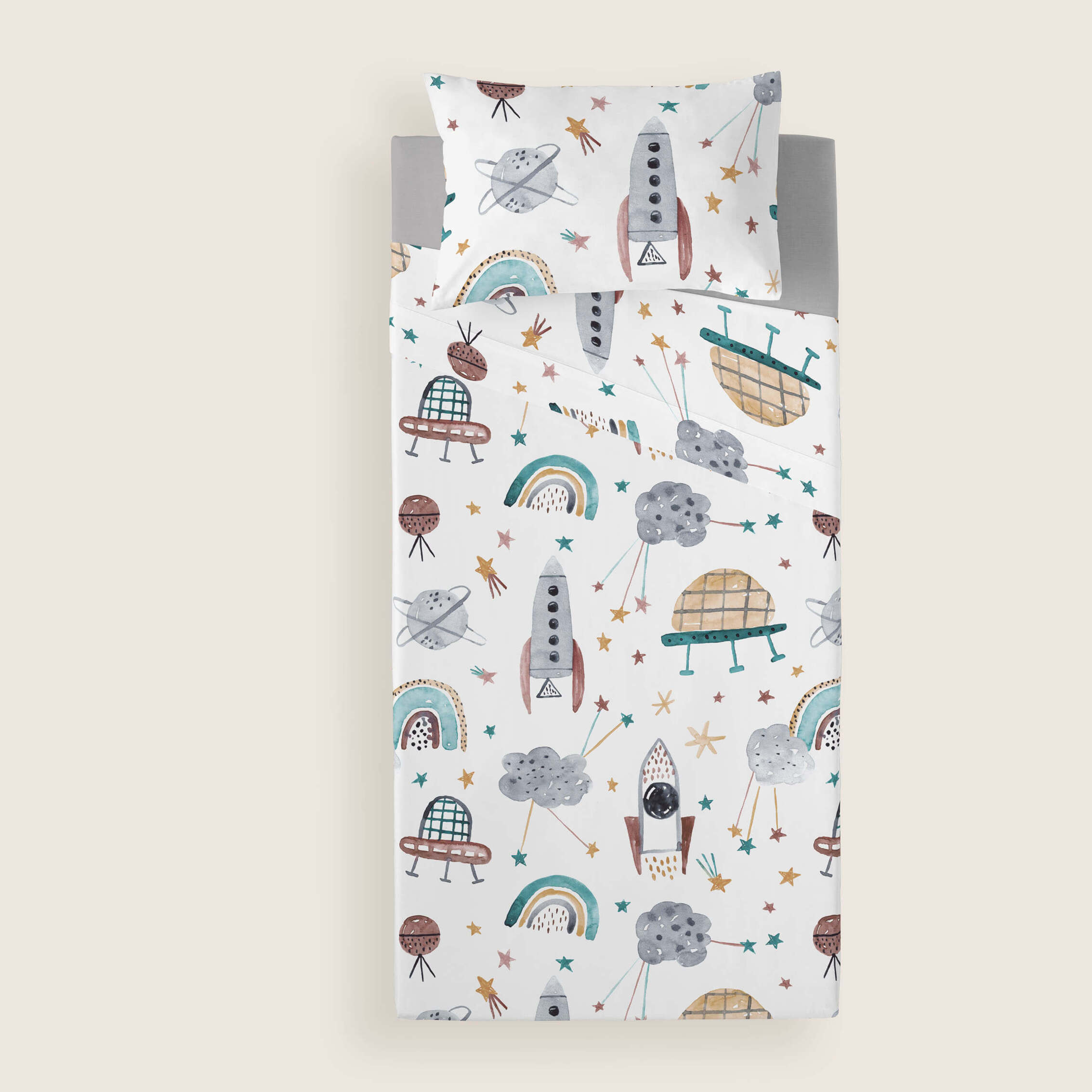Juego de Sábanas Estampadas - Infantil - 100% Algodón - Incluye 1 Funda de Almohada + 1 Sábana Bajera - Rocket