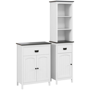 Conjunto de Baño Incluye 1 Armario Auxiliar de Baño y 1 Columna de Baño con Estantes Ajustables y Cajón Estilo Moderno Antivuelco para Dormitorio Blanco