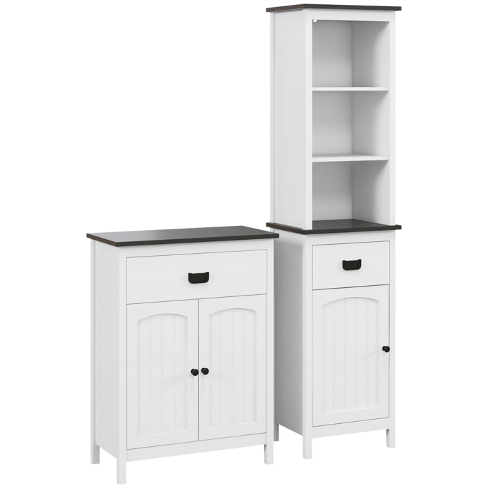 Conjunto de Baño Incluye 1 Armario Auxiliar de Baño y 1 Columna de Baño con Estantes Ajustables y Cajón Estilo Moderno Antivuelco para Dormitorio Blanco
