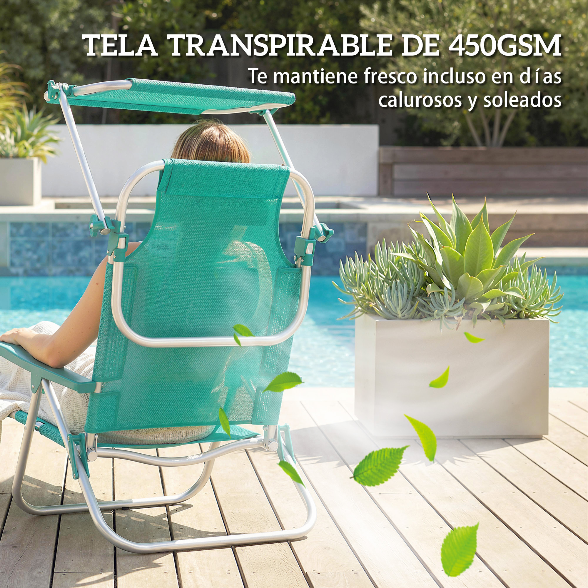 Pack de 2 Sillas de Playa Plegables con Dosel Ajustable, Respaldo Reclinable en 6 Posiciones y Reposacabezas, Sillas Bajas Portátiles con Brazos Carga 120kg para Acampada Jardín Turquesa