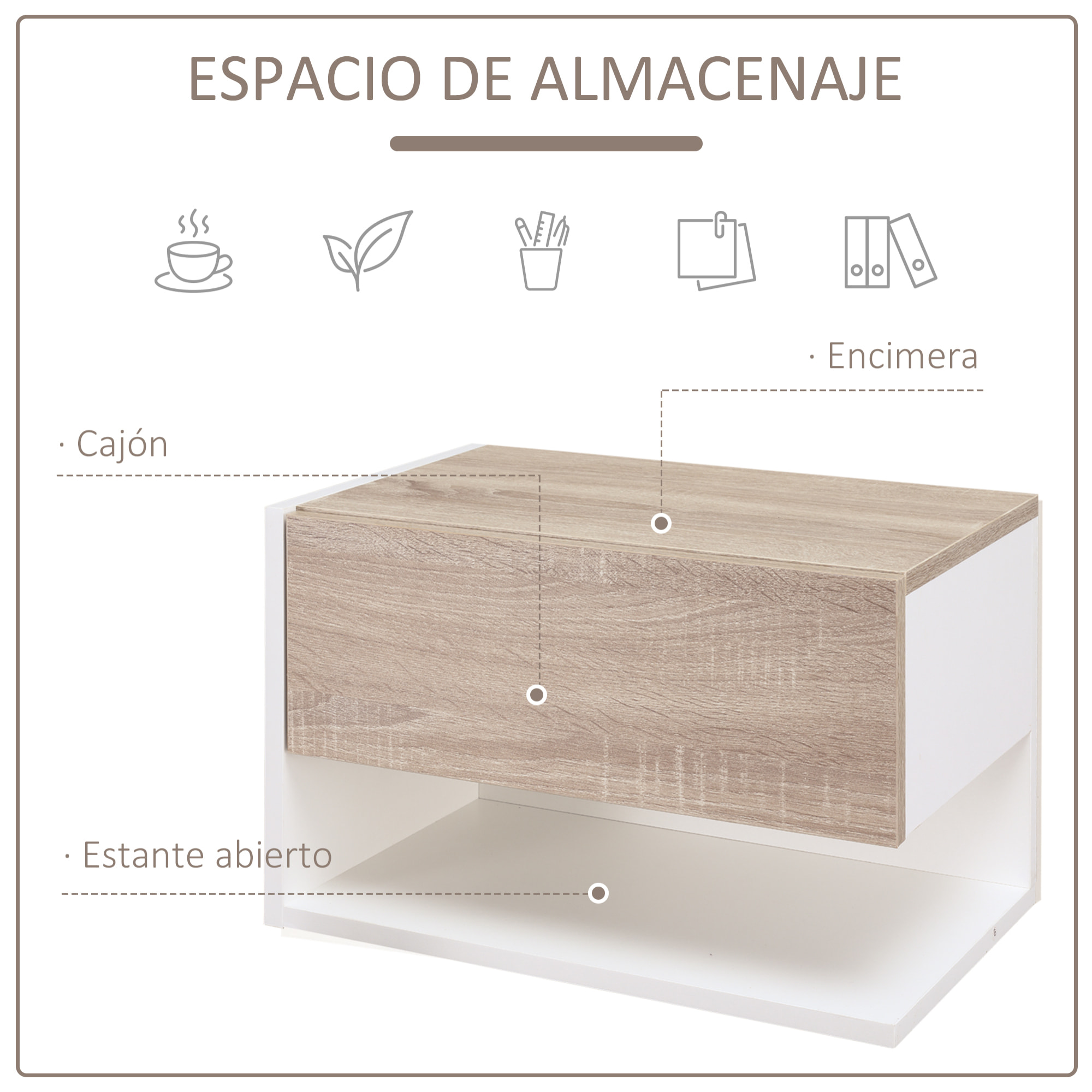 Set de 2 Mesitas de Noche de Madera 46x30x30cm Blanco, Roble