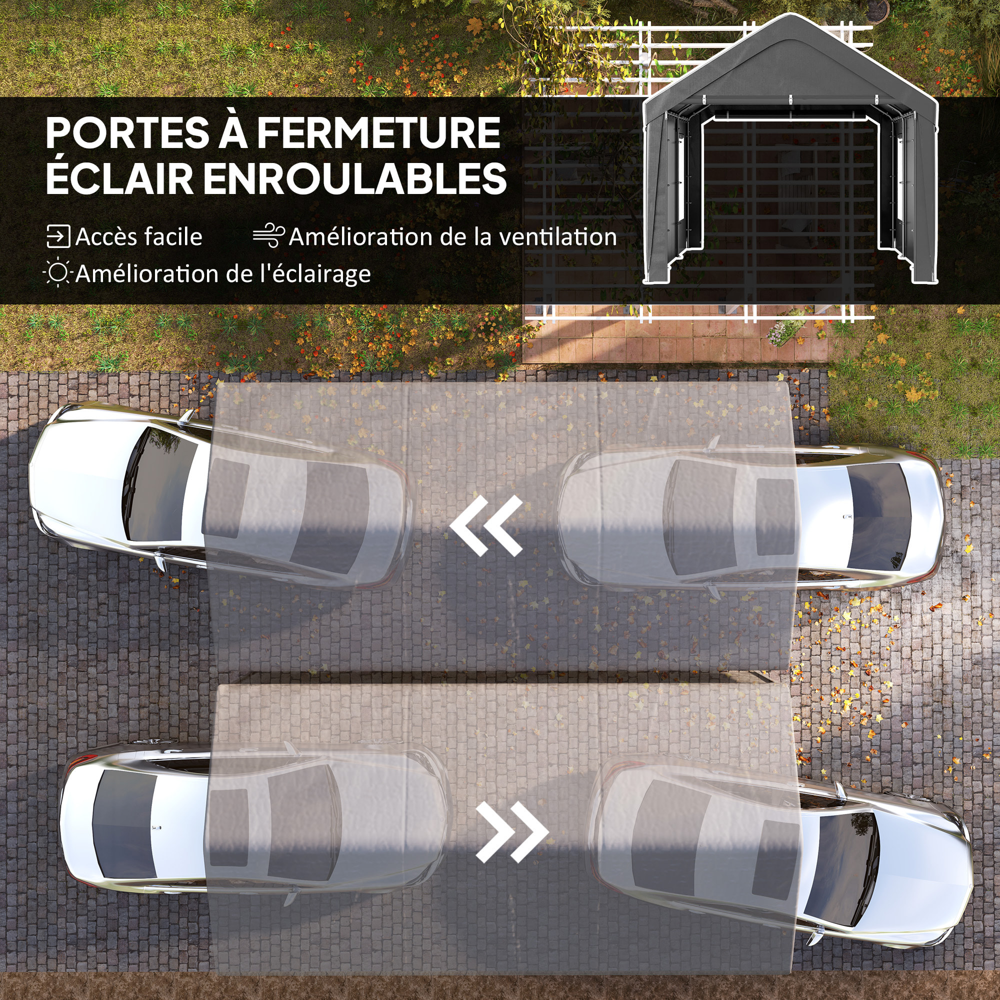 Tente garage carport grande taille 2 portes 4 fenêtres acier galvanisé robuste PE haute densité gris