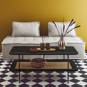 Table basse vintage 110 cm coloris noir. double plateaux effet bois et cannage. piètement et structure en métal noir