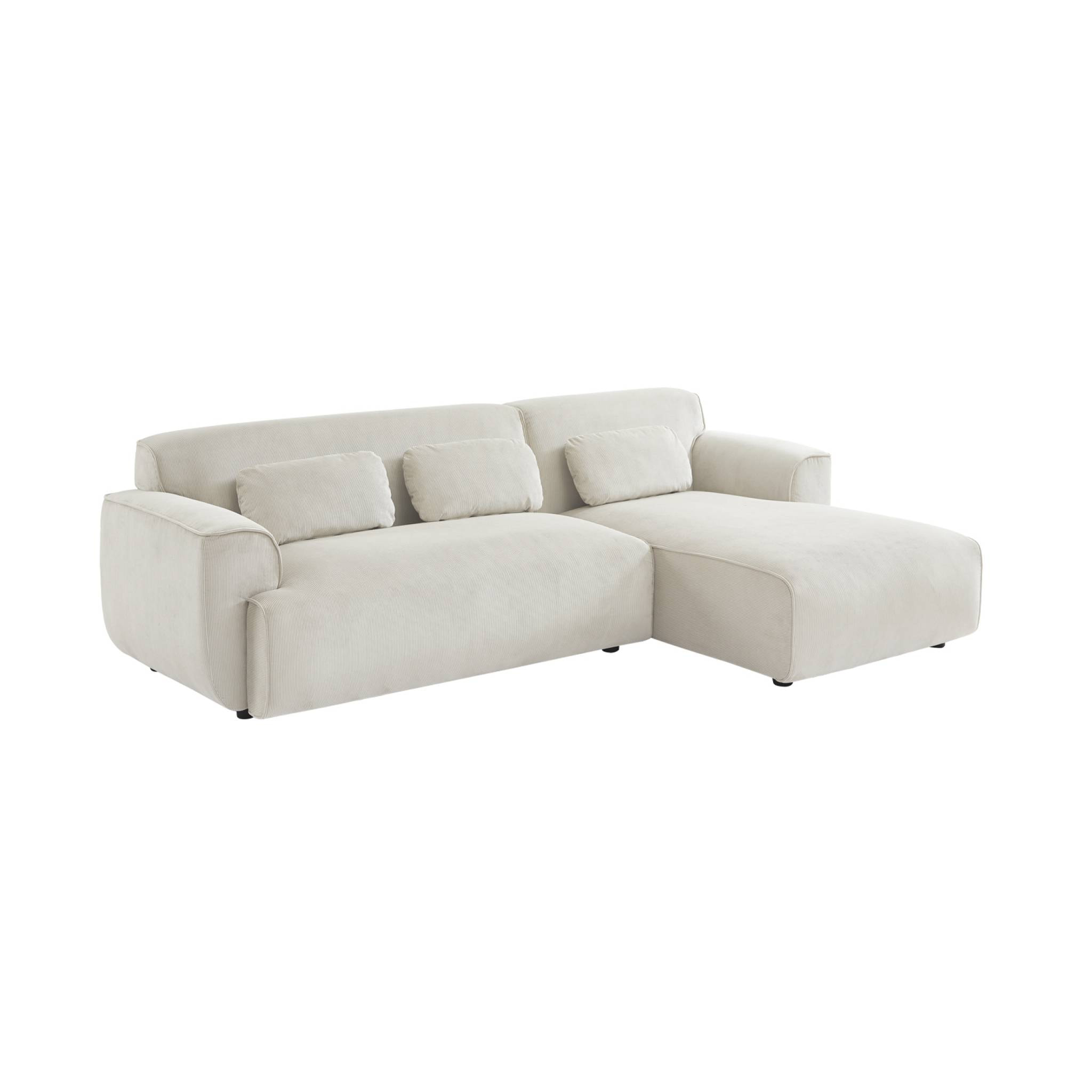 Canapé d'angle droit. 2 à 3 places. velours côtelé blanc crème. Wallas L 196 x P 151 / 91 / x H 73cm