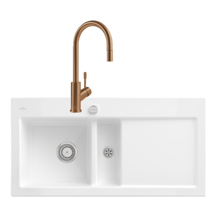 Evier Subway Pure 60 1 bac et demi égouttoir à droite vidage auto + Robinet Umbrella Flex Bronze