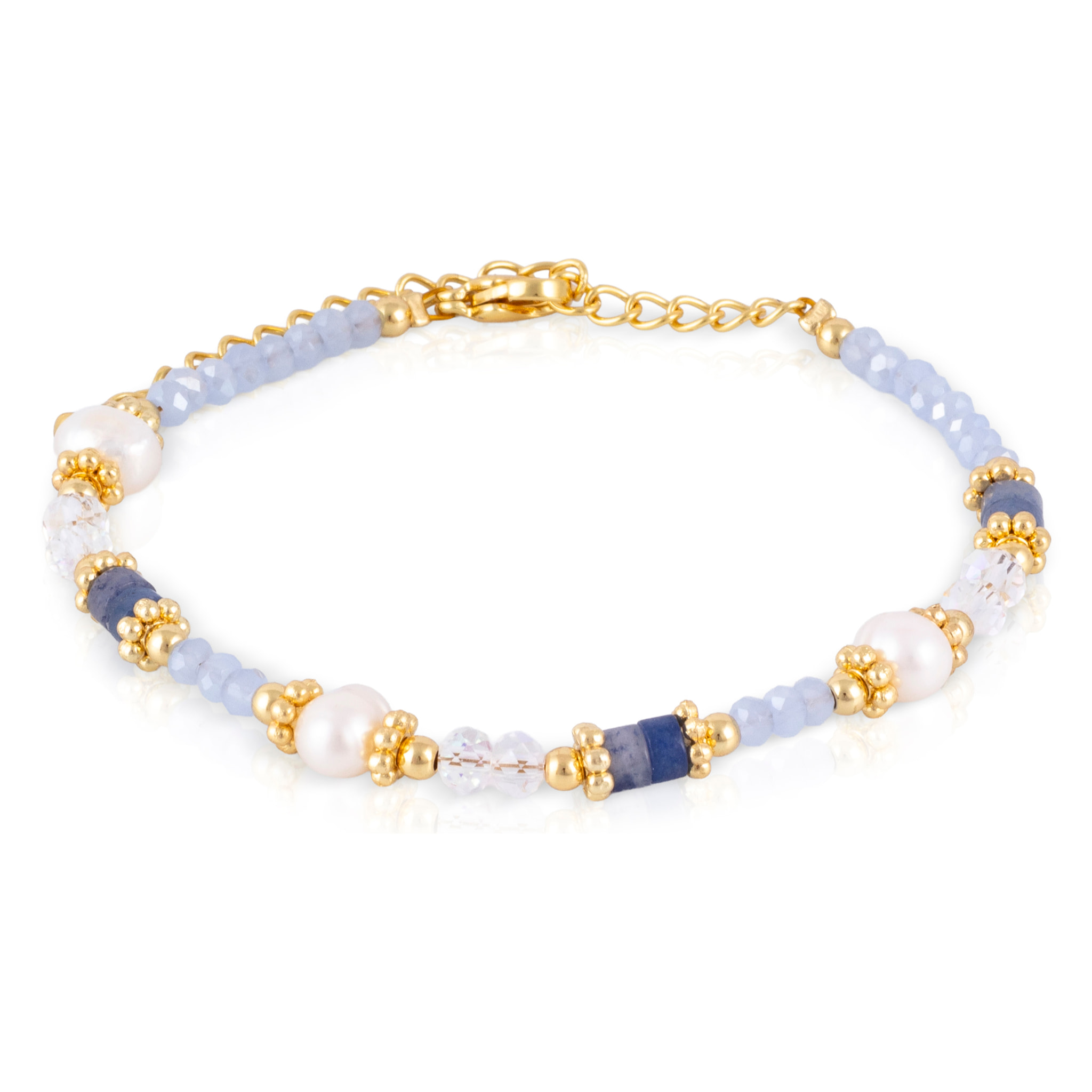 Set de pulsera y collar a juego. En lapislázuli, cristales azules y blancos con perlas naturales y cierre de mosquetón.