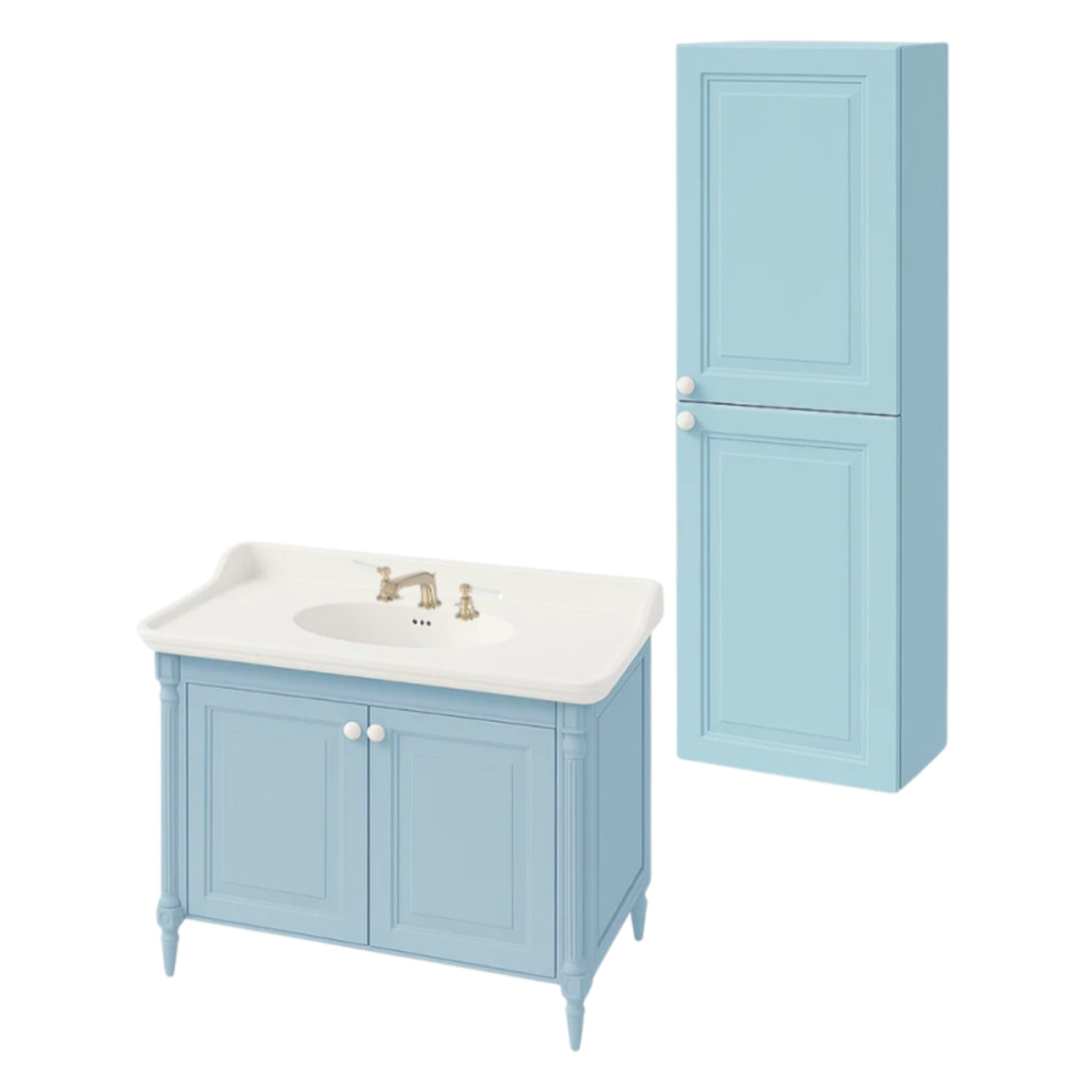 Pack meuble vasque 3 trous Cléo 1889 bleu velours + colonne droite + mélangeur poignés or