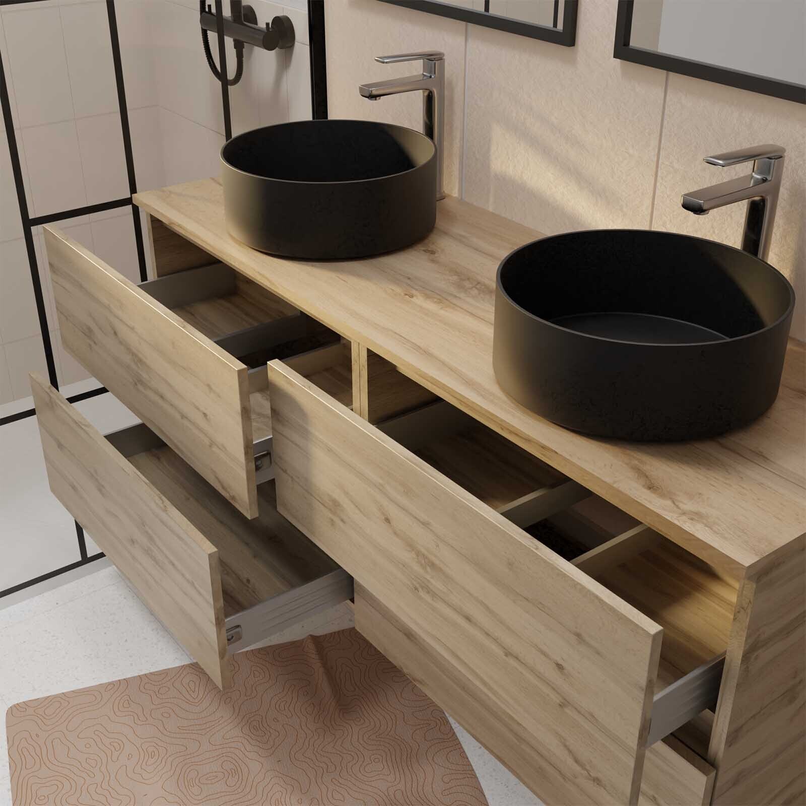 Meuble Salle de Bains 140 TIMBER Décor Chêne 4 Tiroirs - Vasques à Poser Noires - 2 Miroirs 60x80