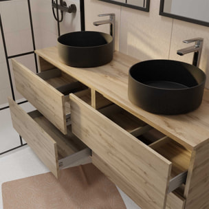 Meuble Salle de Bains 140 TIMBER Décor Chêne 4 Tiroirs - Vasques à Poser Noires - 2 Miroirs 60x80