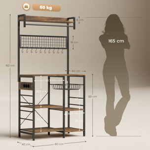 Estantería de Cocina con Tres Enchufes y Luces LED, Estantería de Panadería Industrial con Estantes para Microondas, Cesta de Malla Metálica, Ganchos, Barra 80x42x162 cm, Marrón Rústico y Negro