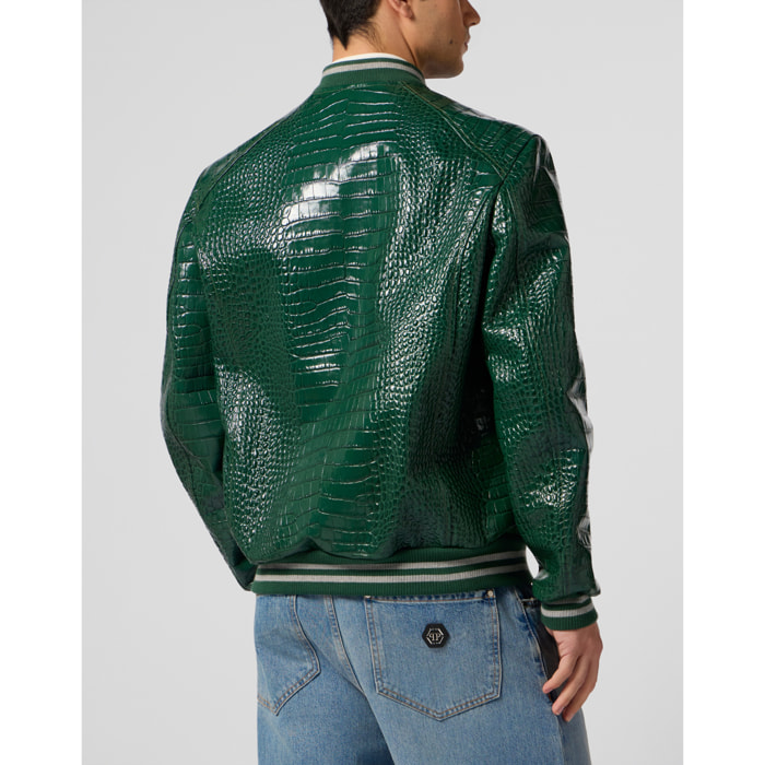 PHILIPP PLEIN Leather Bomber Jacket Cocco