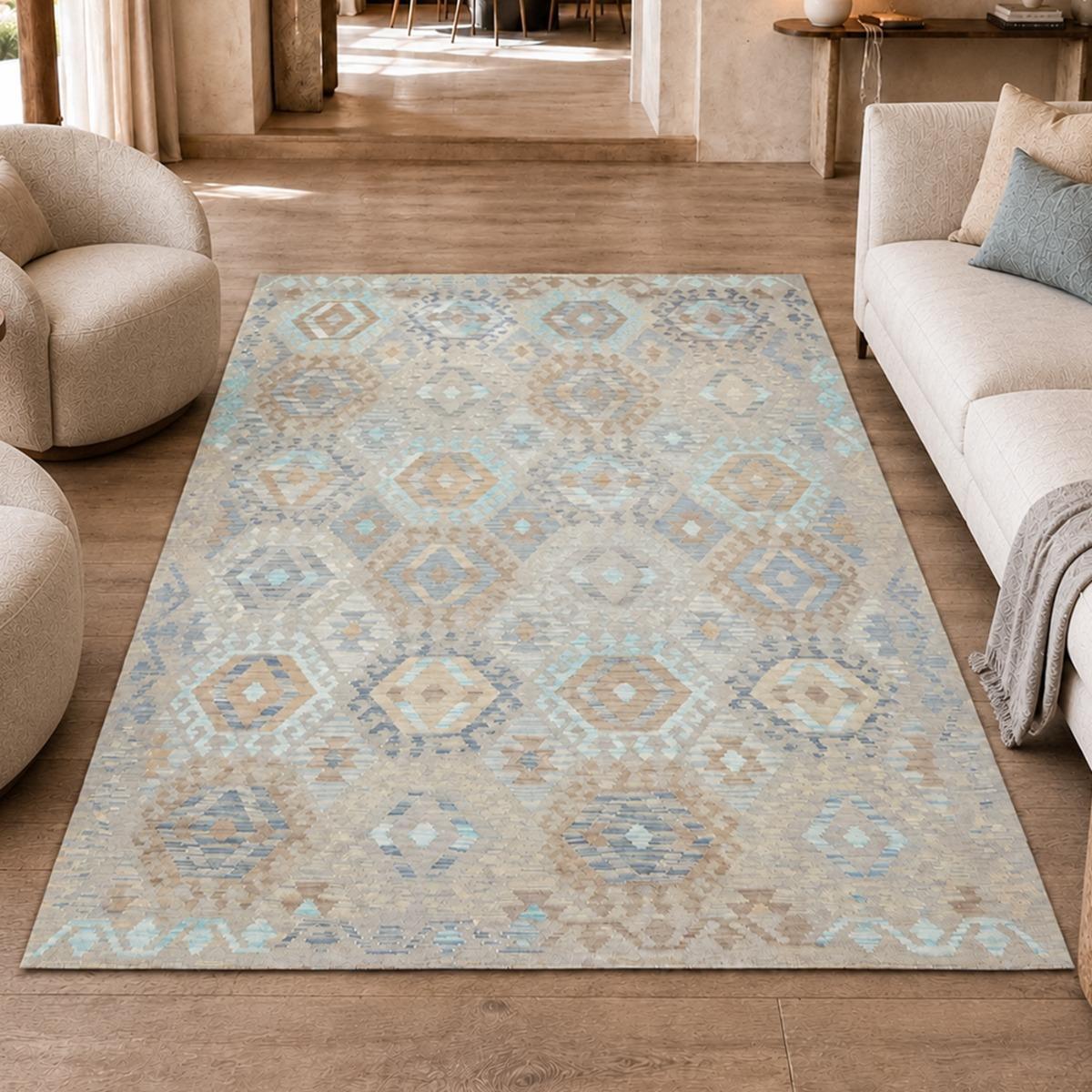 Tapis kilim, motif géométrique, tissé plat artisanal, KEPU