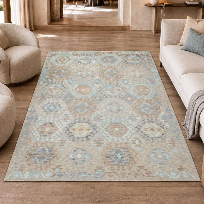 Tapis kilim, motif géométrique, tissé plat artisanal, KEPU