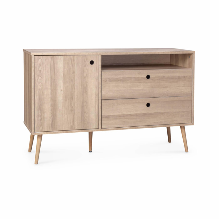 Buffet en décor bois 120x39x75cm - Scandi - 1 porte. 2 tiroirs