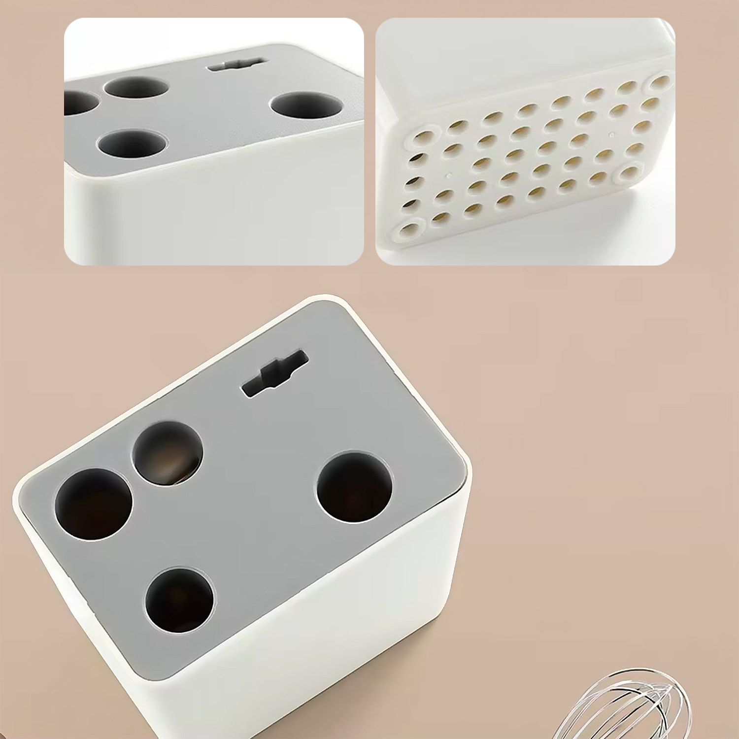 Juego de 5 utensilios de cocina multifuncionales con soporte de almacenamiento, incluye cuchillo, mezclador, tijeras, abrelatas y pelador.