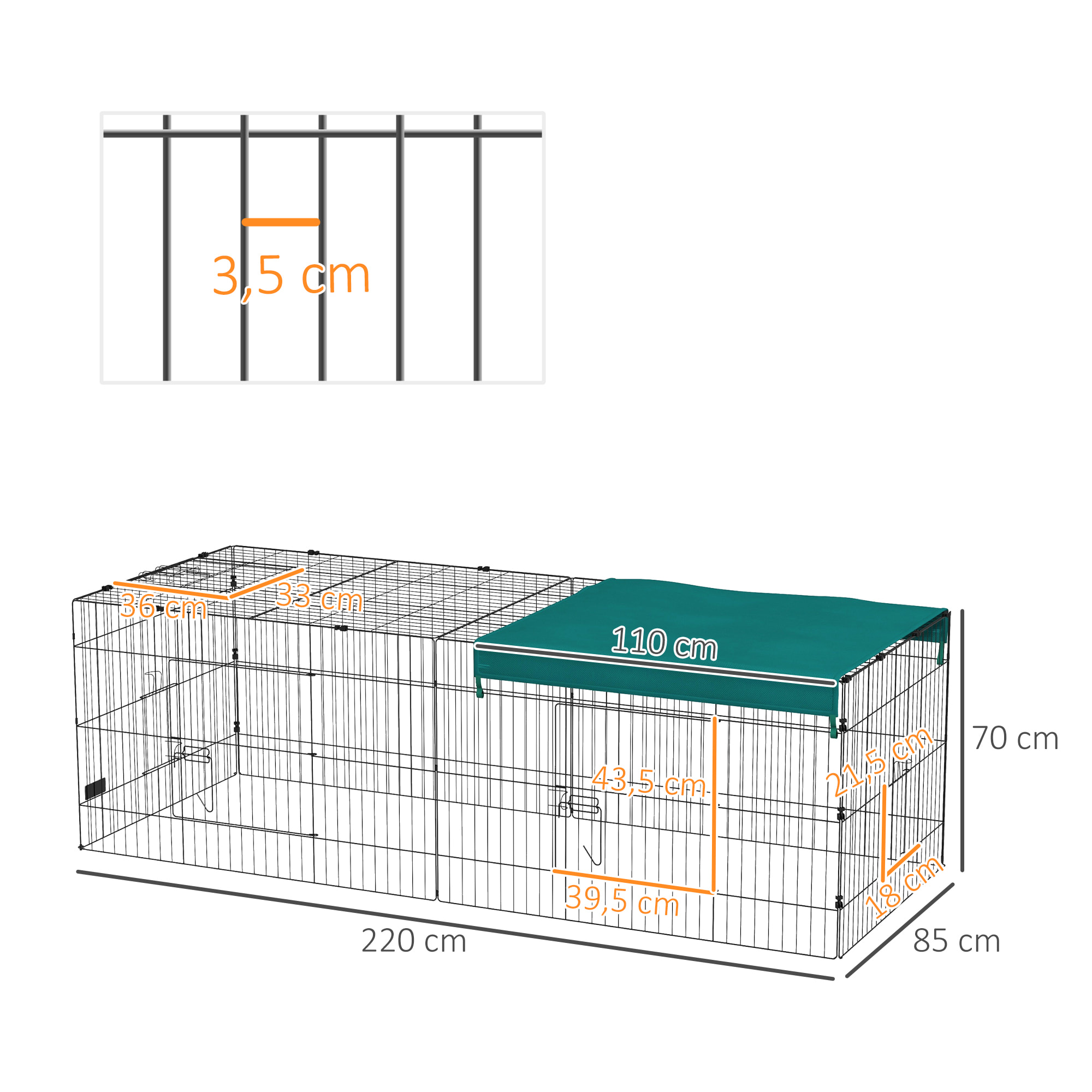 Jaula para Animales Pequeños Jaula para Roedores de Acero con Puertas y Tela Superior Jaula para Conejos Chinchillas Gallinas 220x85x70 cm Verde