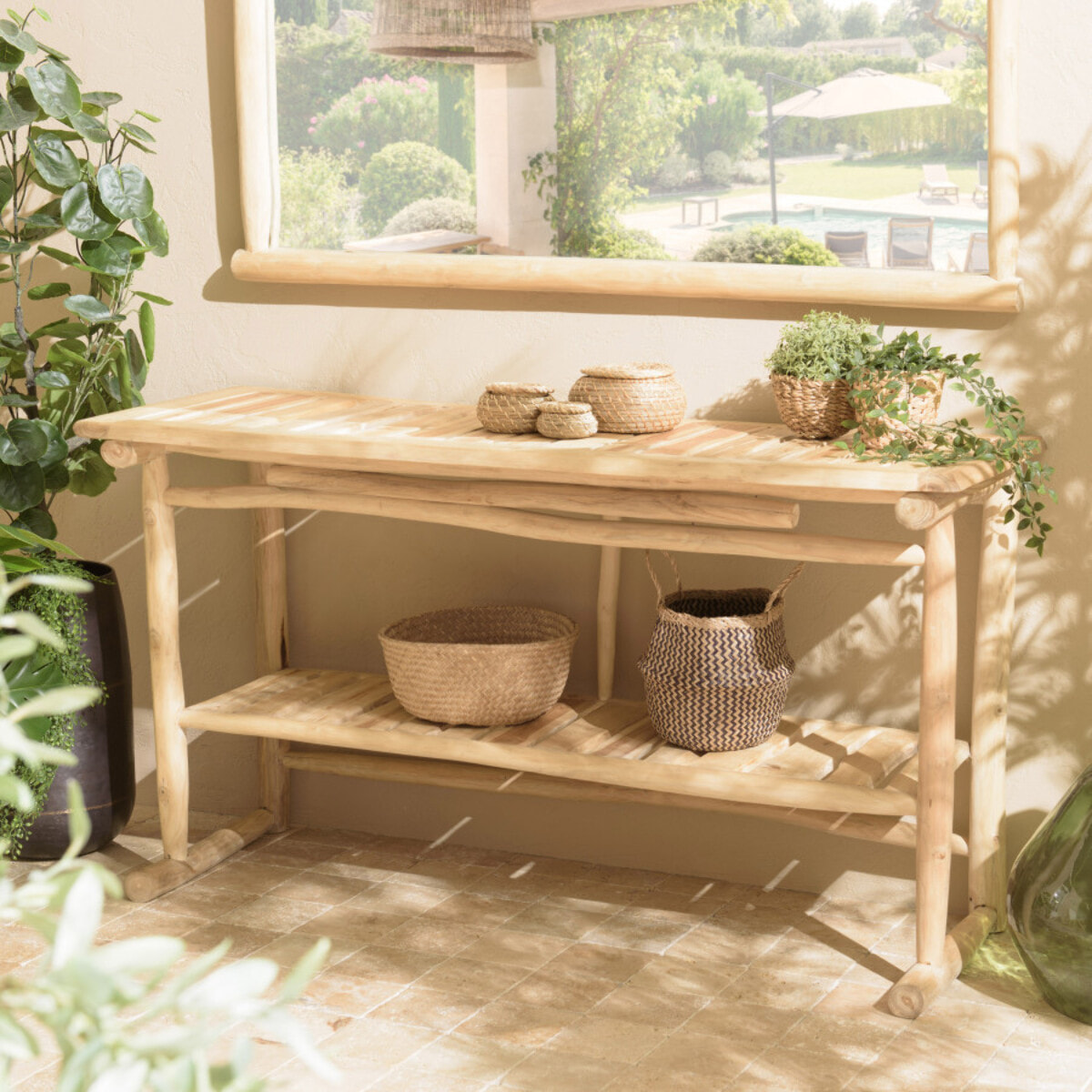 WILL - Console double plateau en branches de teck naturel